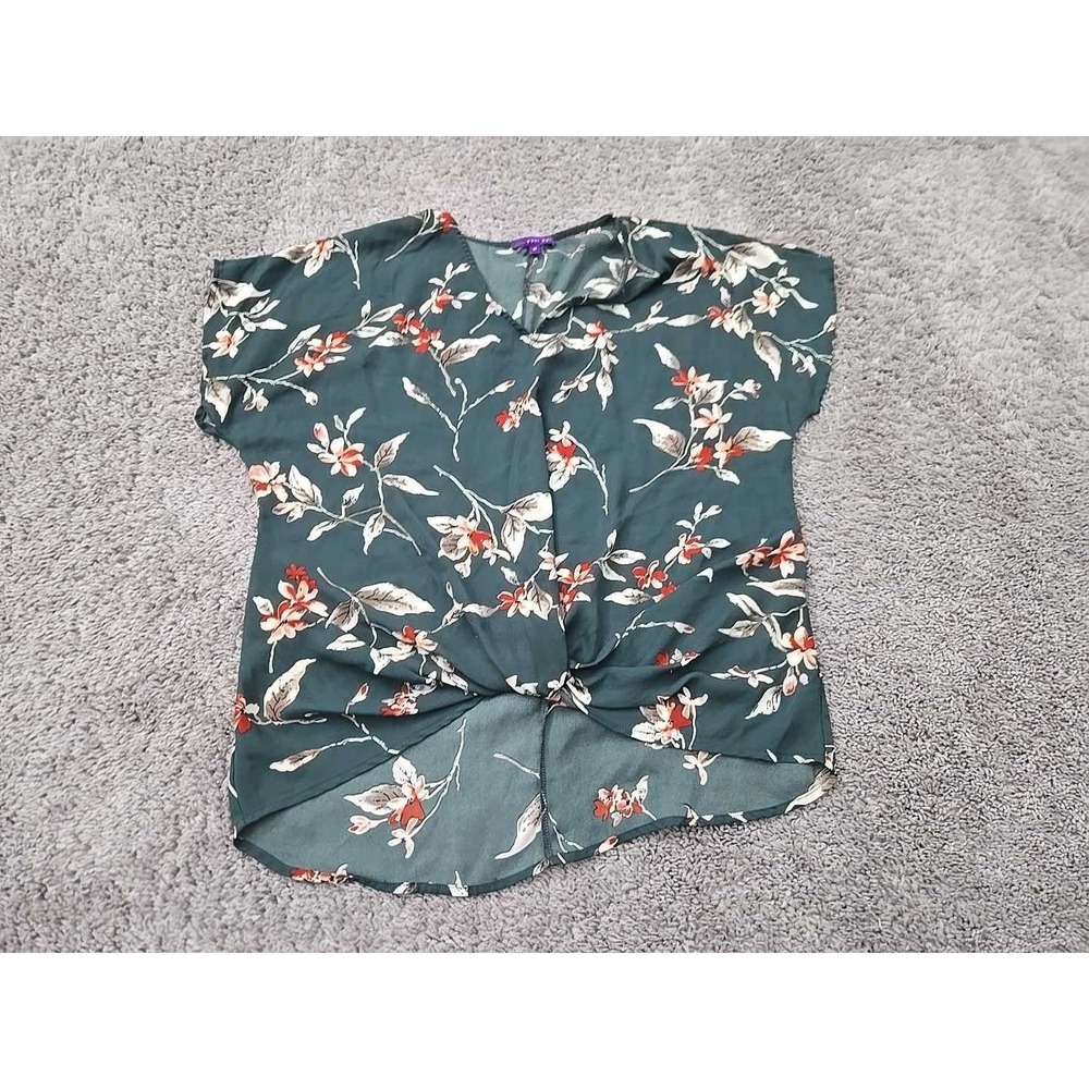 West Kei‎ Blouse Womens M Green Floral V-Neck Twist Front Relaxed Boho